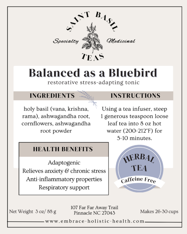 description of small bag of balanced as a bluebird tea with health benefits