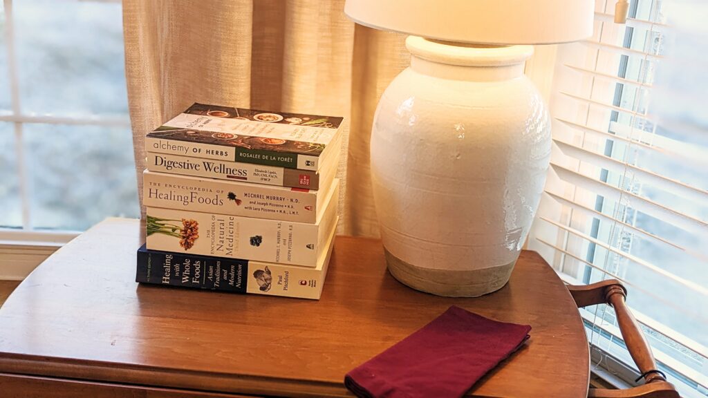 nutrition books with lamp