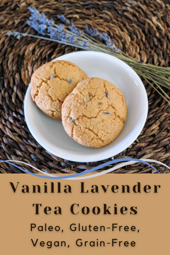 graphic of vanilla lavender cookies on a platter with lavender flowers