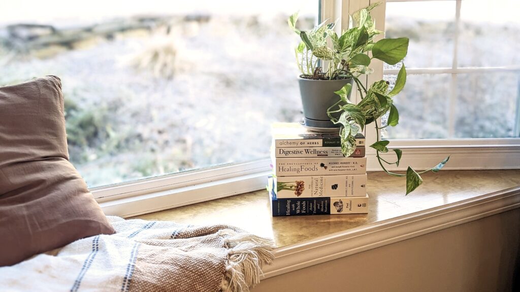 books with plant by bay window