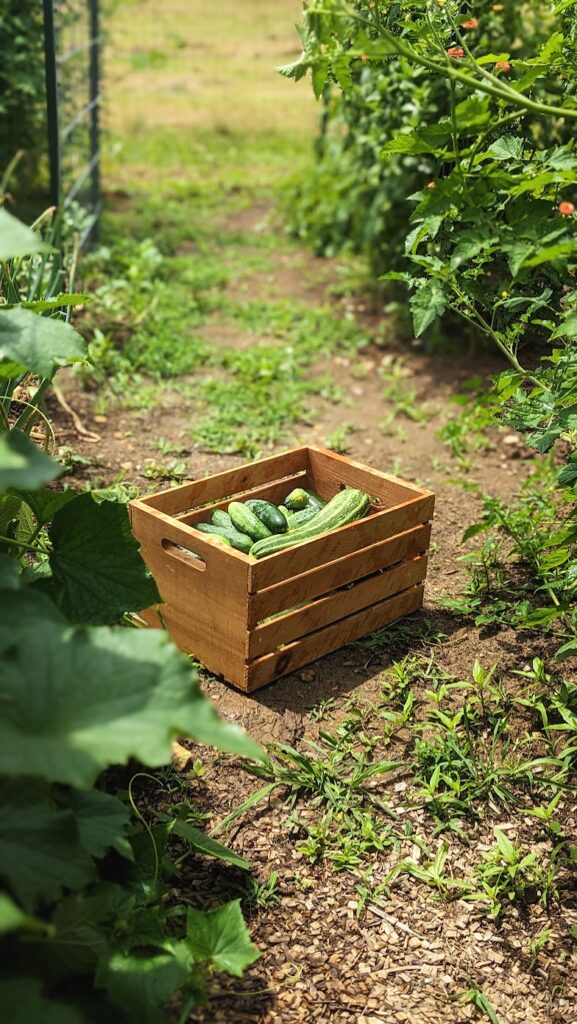 cucumbers in a garden basket