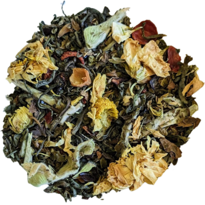 loose leaf tea with green tea, lemon balm, chrysanthemum flowers, rosehips, and mint