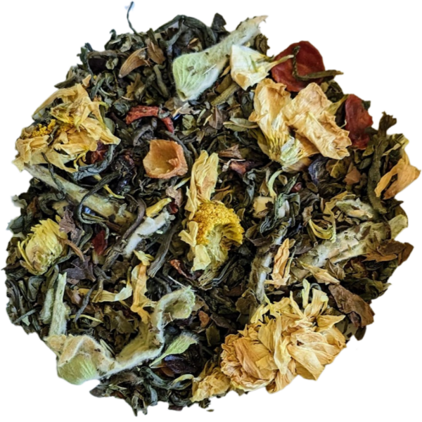 loose leaf tea with green tea, lemon balm, chrysanthemum flowers, rosehips, and mint